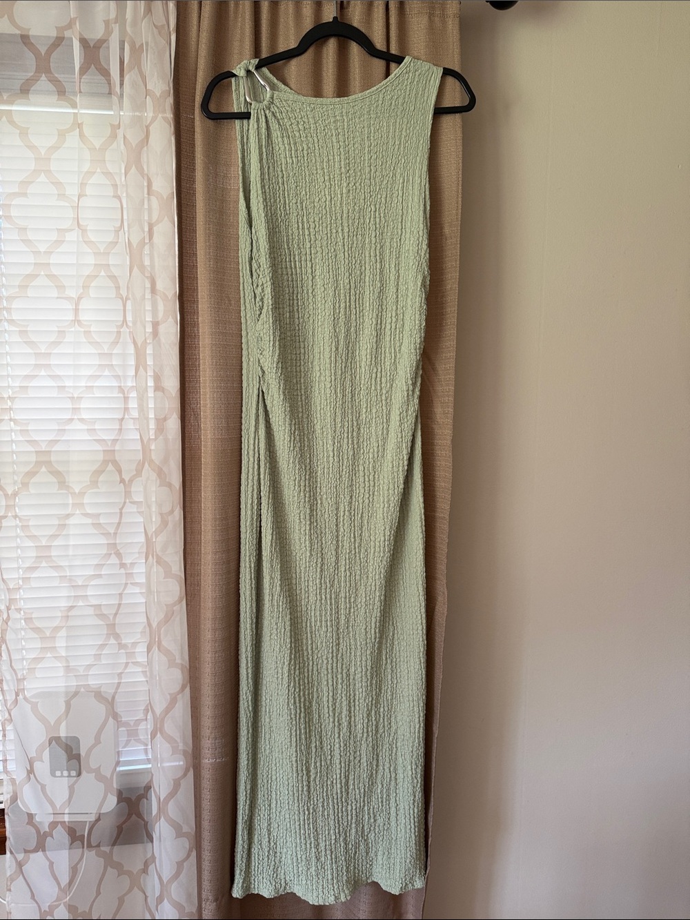 See You Monday Light Sage Crinkle Maxi Dress with Silver Rings